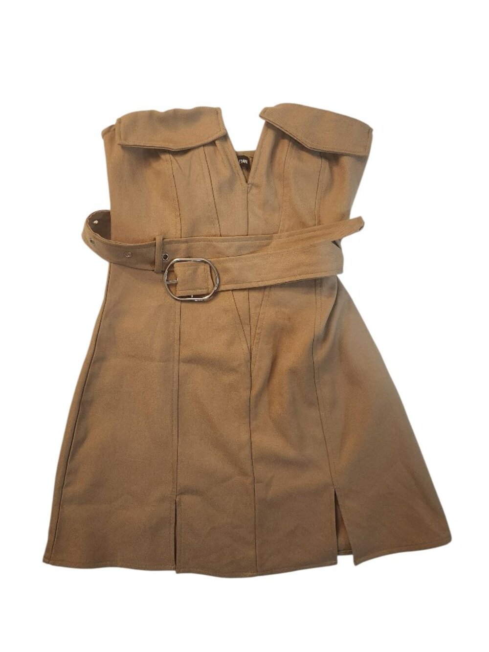 PrettyLittleThing Camel Tan Bandeau Strapless Mini Dress Belted Pockets Size 6